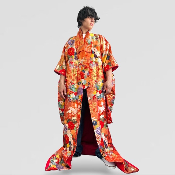 Men’s Uchikake Traditional Japanese Wedding Kimono Orange Red Gold Robe Silk - Picture 5 of 6